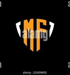 MF logo with shield white orange shape design template isolated on black background Stock Vector