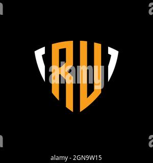 RU logo with shield white orange shape design template isolated on black background Stock Vector