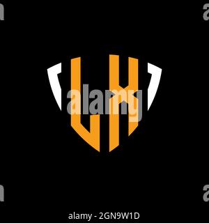 LX logo with shield white orange shape design template isolated on black background Stock Vector