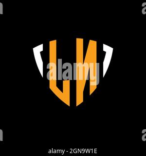 LN logo with shield white orange shape design template isolated on black background Stock Vector