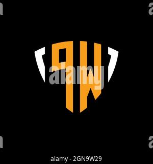 PW logo with shield white orange shape design template isolated on black background Stock Vector