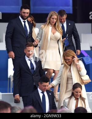 Team Europe's Jon Rahm (left) with wife Kelley Cahill, Team Europe's Ian Poulter with wife Katie Poulter, and Team Europe's Rory McIlroy with wife Erica Stoll (right) during the Opening Ceremony of the 43rd Ryder Cup at Whistling Straits, Wisconsin. Picture date: Thursday September 23, 2021. Stock Photo