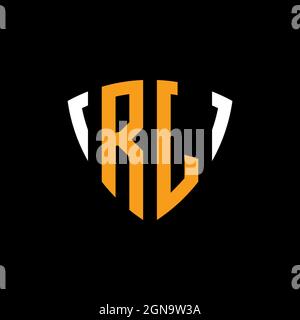 RJ logo with shield white orange shape design template isolated on black background Stock Vector