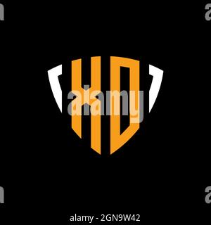 XO logo with shield white orange shape design template isolated on black background Stock Vector