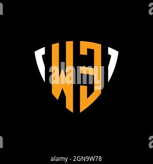 WE logo with shield white orange shape design template isolated on black background Stock Vector