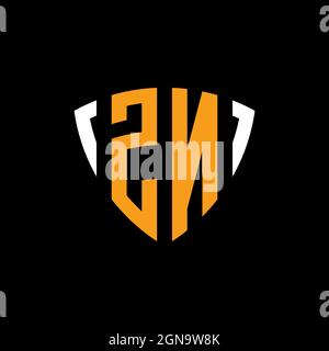 ZN logo with shield white orange shape design template isolated on black background Stock Vector