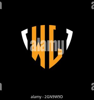 WJ logo with shield white orange shape design template isolated on black background Stock Vector