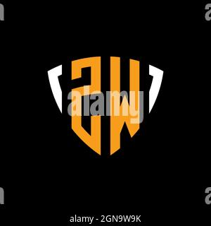 ZW logo with shield white orange shape design template isolated on black background Stock Vector