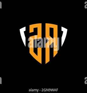 ZR logo with shield white orange shape design template isolated on black background Stock Vector