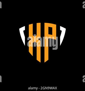 XP logo with shield white orange shape design template isolated on black background Stock Vector