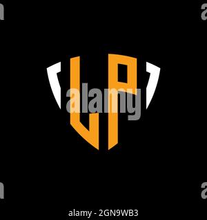 LP logo with shield white orange shape design template isolated on black background Stock Vector