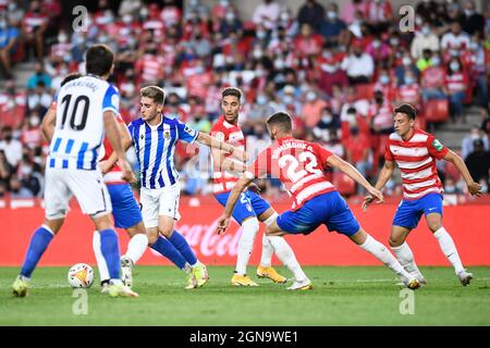 Granada, Spain. 23rd Sep, 2021. Real Sociedad player Robert Navarro in action during the La Liga Santander match between Granada CF and Real Sociedad at Estadio Nuevo Los Carmenes in Granada.(Final Score: Granada CF 2:3 Real Sociedad) Credit: SOPA Images Limited/Alamy Live News Stock Photo