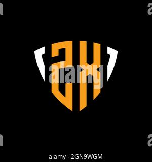 ZX logo with shield white orange shape design template isolated on black background Stock Vector