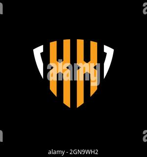 XX logo with shield white orange shape design template isolated on black background Stock Vector