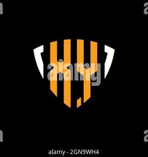 XY logo with shield white orange shape design template isolated on black background Stock Vector
