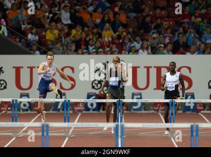 Karsten Warholm (NOR) Alison dos Santos (BRA) and Kyron McMaster (IVB) compete in the 400m hurdles during the Wanda Diamond League Final at the Letzigrund stadium in Zurich. Stock Photo