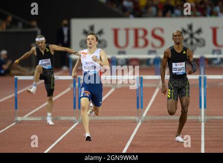 Karsten Warholm (NOR) and Alison dos Santos (BRA) compete in the 400m hurdles during the Wanda Diamond League Final at the Letzigrund stadium in Zurich. Stock Photo