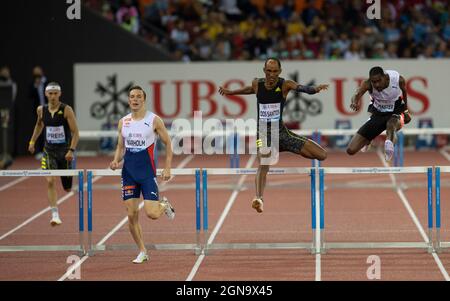 Zurich, Switzerland. 09th Sep, 2021. Karsten Warholm (NOR) Alison dos Santos (BRA) and Kyron McMaster (IVB) compete in the 400m hurdles during the Wanda Diamond League Final at the Letzigrund stadium in Zurich. (Photo by Gary Mitchell/SOPA Images/Sipa USA) Credit: Sipa USA/Alamy Live News Stock Photo