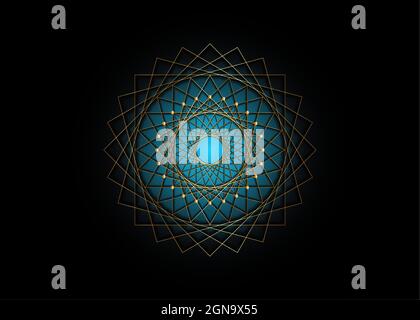 Gold Circle mandala, Blue Sacred Geometry, round frame sign geometric logo design, intertwining of square and triangular shapes, golden line drawing Stock Vector