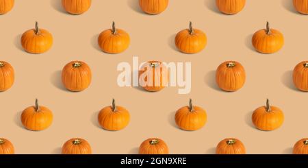 Pumpkin seamless pattern on beige background. Banner. Halloween pumpkin background. Autumn concept. Side view. Stock Photo