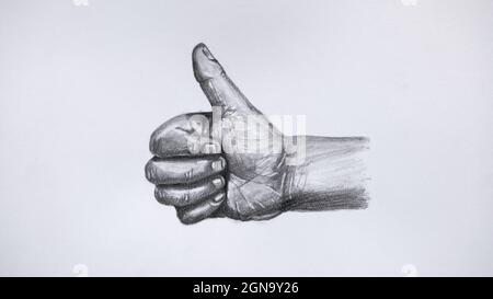 Gesture hand showing thumbs up sign. Hand drawing, line art on white paper. Stock Photo
