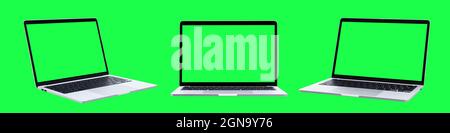 Collection of Laptop or notebook with blank green screen isolated on green background Stock Photo