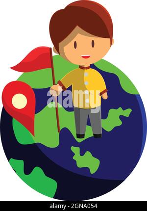 Boy is traveling on a globe . Character Vector Illustration on the theme World Tourism Stock Vector