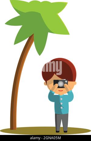 Boy is traveling while taking pictures. Character Vector Illustration on the theme World Tourism Stock Vector