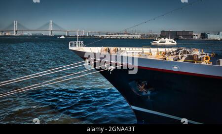 The bow of a ship in the harbor at Yokohama, Japan. Stock Photo