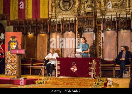 Barcelona, Spain. 23rd Sep, 2021. Ada Colau, Mayor of Barcelona speaking during the festival. La Merce has started, the main festival in Barcelona and Custodia Moreno Rivero, a nurse, activist and neighbourhood leader from Barcelona has been invited to open the traditional Prego, the opening of the festival in the Hall of Cent of the city council of Barcelona, together with the Mayor of Barcelona, Ada Colau, the President of the Generalitat of Catalonia, Pere Aragones and the President of the Parliament of Catalonia, Laura Borras. Credit: SOPA Images Limited/Alamy Live News Stock Photo