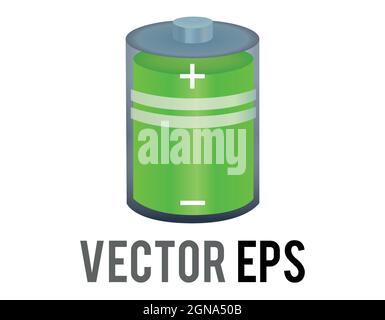 The isolated vector green cylinder recharging battery cell icon with bolt, plus, minus symbol Stock Vector