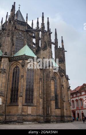 outside of Prague Cathedral facade gothic architecture, Czech Republic Stock Photo