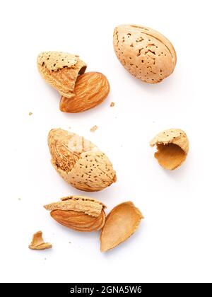 Close up group of almonds nut with shell  and cracked almonds shell isolated on white background. Stock Photo