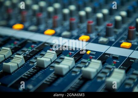 close up of audio console recording studio equalizer radio audio Stock Photo