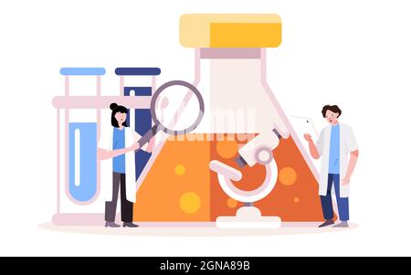 Pharmacist scientist analyzing engineering pharmaceutical research using microscope modern cartoon flat color style isolated vector design Stock Vector