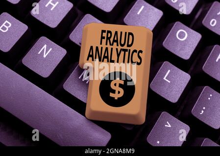 Conceptual caption Fraud Analytics. Conceptual photo identification of actual or expected fraud to take place Typing Online Tourist Guidebook Stock Photo