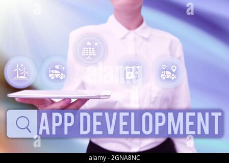 Inspiration showing sign App Development. Business concept Development services for awesome mobile and web experiences Lady Uniform Standing Tablet Stock Photo