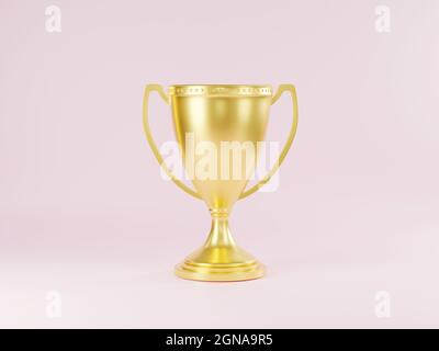 Golden trophy cup, Champion trophy, metallic shiny gold winner cup and victory, Sport game tournament award, studio shot on pink background, 3D render Stock Photo