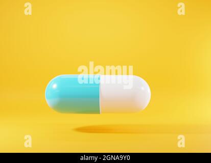 Closeup medical pill or tablet Icon on yellow background, Design template of virus capsule pills, Medical pharmacy and healthcare hospital concept, 3D Stock Photo