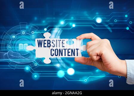 Handwriting text Website Content. Word Written on single most important and soughtafter commodity on the web Hand Holding Jigsaw Puzzle Piece Stock Photo