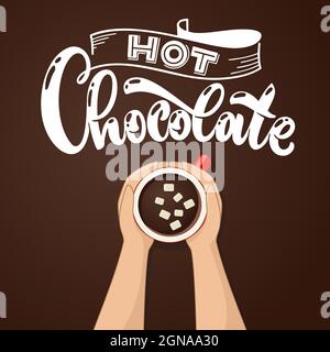 Hot chocolate cup with marshmallow top view. Female hands holding cups of coffee. Vector illustraion. Stock Vector
