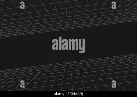 Grid perspective sloping black room. Floor and celling. Gray wireframe background. Digital cyber box technology model. Vector abstract architectural template Stock Vector