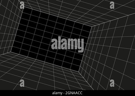 Grid perspective sloping black room. Gray wireframe background. Digital cyber box technology model. Vector abstract architectural template Stock Vector