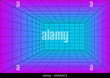3d Grid perspective laser room in technology style. Virtual reality tunnel or wormhole. Abstract vaporwave background Stock Vector