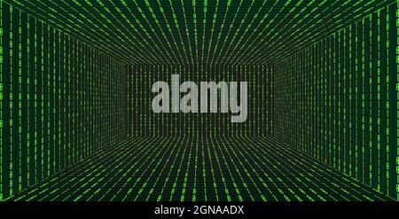 3d Grid perspective room in matrix technology style. Virtual reality tunnel or wormhole. Abstract binary computer code background Stock Vector