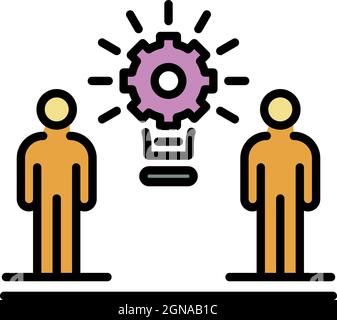 Two people and gear icon. Outline two people and gear vector icon color flat isolated Stock Vector