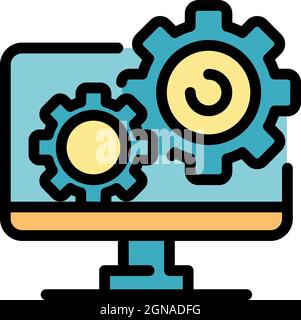Gears on the monitor icon. Outline gears on the monitor vector icon color flat isolated Stock Vector
