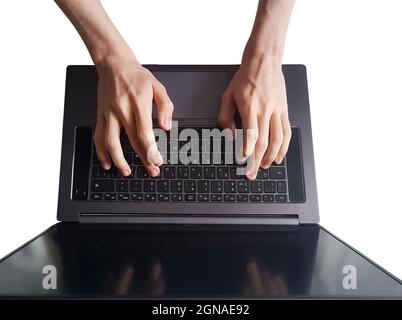 Male hands typing on laptop keyboard isolated on white background Stock Photo