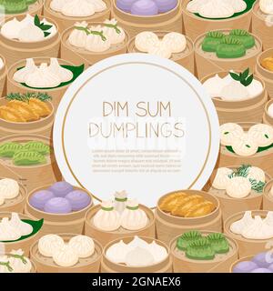 Steamed dumplings dim sum or momo in bamboo steamer baskets template. Quadro layout banner with various dumplings and place for text. Vector illustrat Stock Vector