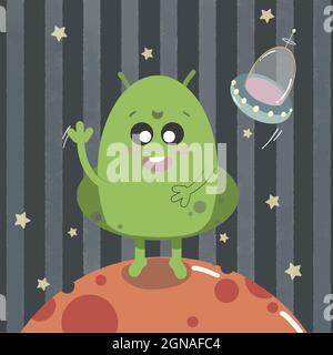 Cute space alien, happy friendly monster with ufo. Kawaii style Martian in space. Vector illustration isolated on dark background. Stock Vector